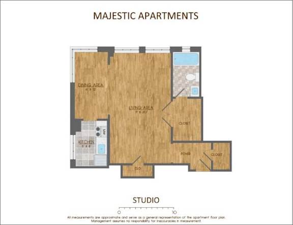 Floor Plan  A floor plan for majestic apartments showing a living area, dining area, kitchen, and a studio.