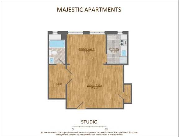 A floor plan of the Majestic Apartments showing a kitchen, dining area, living area, and a studio.