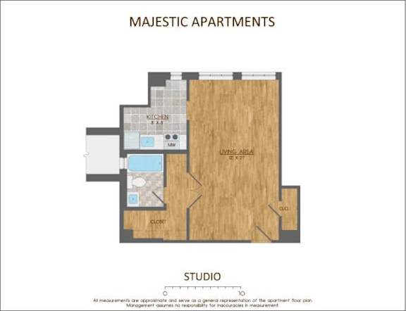 A floor plan of the Majestic Apartments showing a kitchen, living area, and a studio.