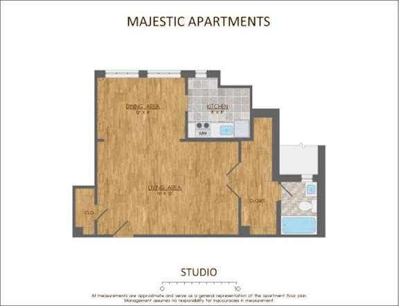 A floor plan for majestic apartments showing a kitchen, dining area, living room, and a studio.