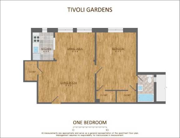 Floor Plan  A floor plan of a one bedroom apartment in Tivoli Gardens.