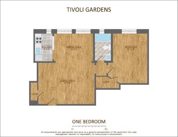 A floor plan of a one bedroom apartment in Tivoli Gardens.