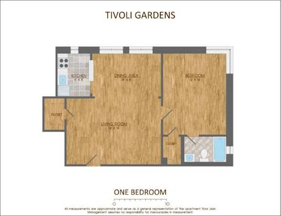 A floor plan of a one bedroom apartment in Tivoli Gardens.