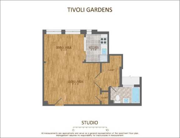 A floor plan of Tivoli Gardens with a studio apartment and a gym area.