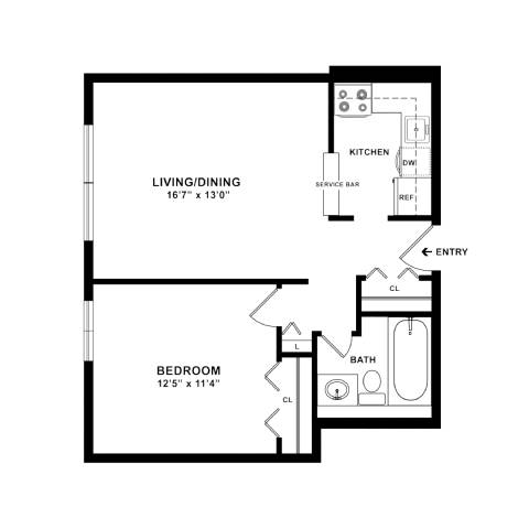 A floor plan of a small apartment with a living/dining area, kitchen, bedroom, and bathroom.
