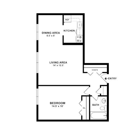 A floor plan of a house with a dining area, living area, and bedroom.