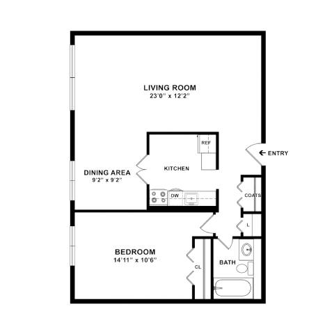 A black and white image of a floor plan for a small apartment.
