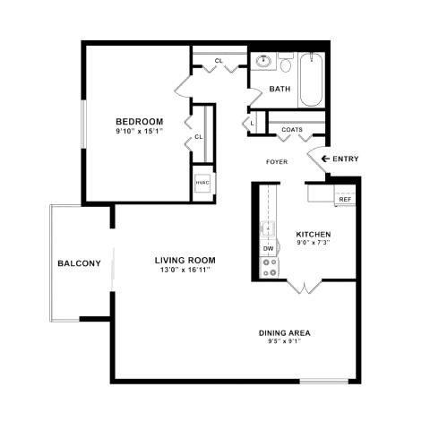 A floor plan of a home with a bedroom, living room, kitchen, dining area, and balcony.