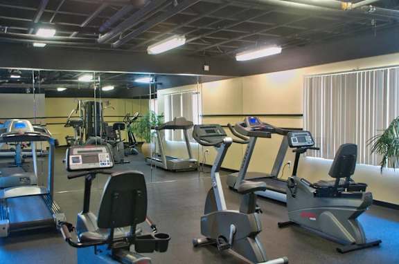 A gym with treadmills, elliptical machines, and other exercise equipment.