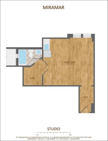 A floor plan of a studio apartment with a kitchen, living room, and bedroom.