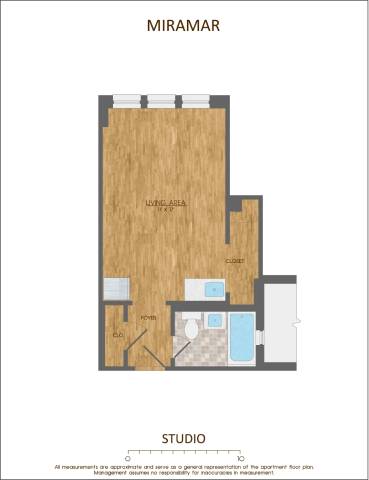 A floor plan of a studio apartment with a living area, kitchen, and bathroom.