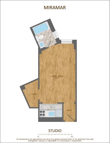 A floor plan of a studio apartment with a living area, kitchen, and bathroom.