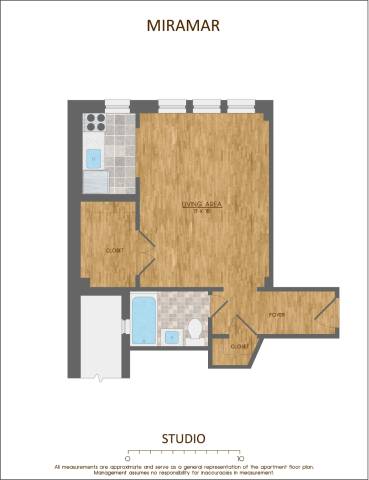 A floor plan of a studio apartment with labeled rooms and appliances.
