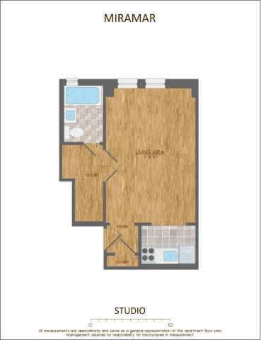 A floor plan of a studio apartment with a living area, kitchen, and bathroom.