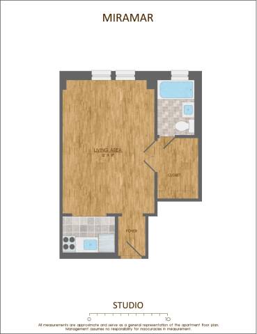 A floor plan of an apartment named Miramar, with a studio area and a living area.