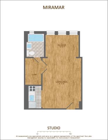 A floor plan of a studio apartment named Miramar.