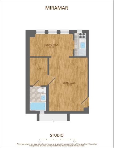 A floor plan of an apartment named Miramar, with a living area, a studio, and a kitchen.