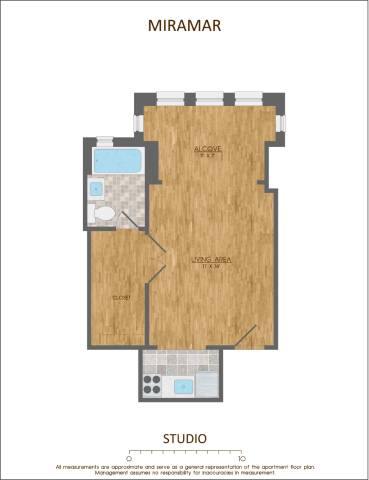 A floor plan of an apartment named Miramar, with a studio, living room, and kitchen.