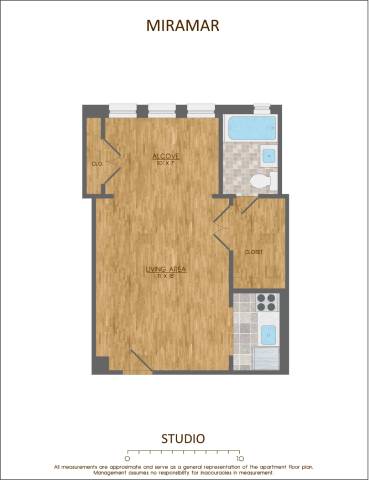 A floor plan of an apartment named Miramar, with a studio area and a living area.