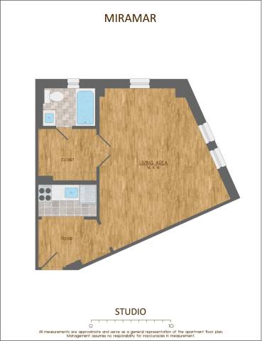 A floor plan of an apartment named Miramar, with a studio, living area, and kitchen.