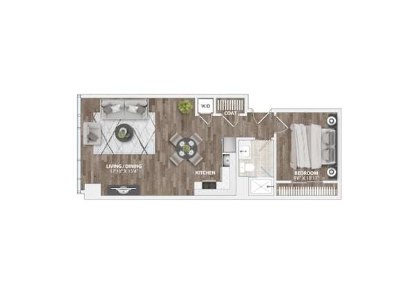 Studio apartment floor plan with bedroom and kitchen at 1305 Dock Apartments, Baltimore, Maryland