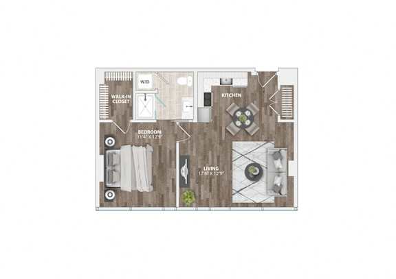 Floor Plan  Studio apartment floor plan with walk-in closet at 1305 Dock Apartments, Maryland