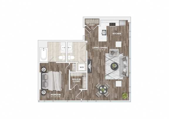 One bedroom floor plan with walk-in closet at 1305 Dock Apartments, Baltimore, MD 21231