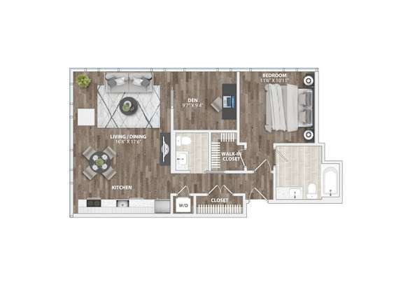 One bedroom den apartment floor plan layout at 1305 Dock Apartments, Baltimore, MD