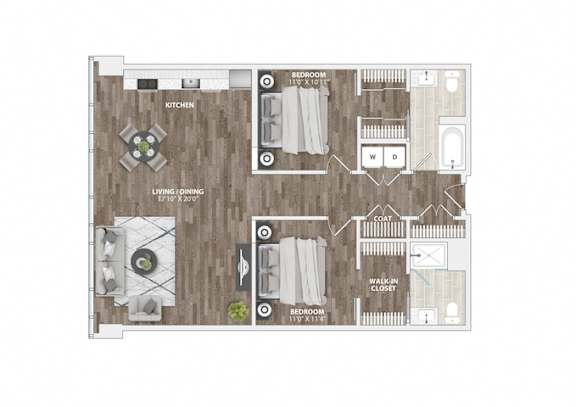 Two bedroom apartment floor plan layout at 1305 Dock Apartments, Baltimore