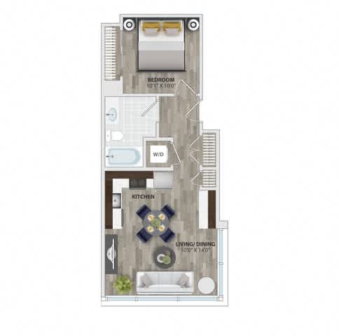 Floor Plan  One bedroom apartment floor plan layout at 1405 Point Apartments, Baltimore