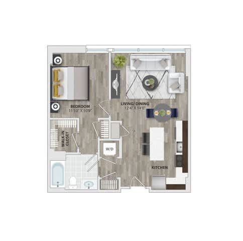 1bed 1bath floor plan at 1405 Point Apartments, Baltimore, MD 21231