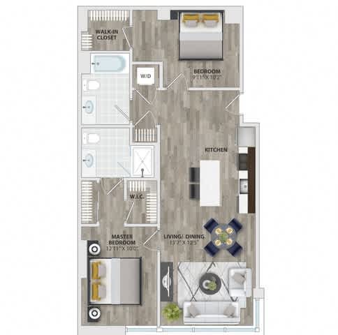 Two bedroom floor plan layout at 1405 Point Apartments, Maryland, 21231