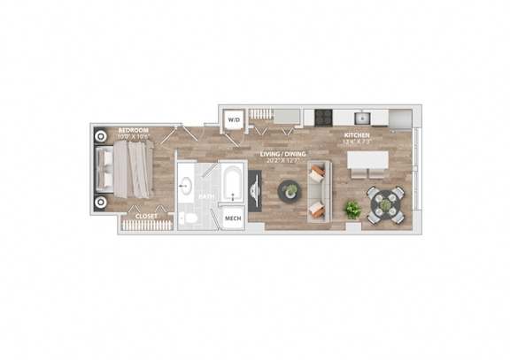 Floor Plan  One bedroom apartment floor plan layout at Allied Harbor Point Apartments, Baltimore