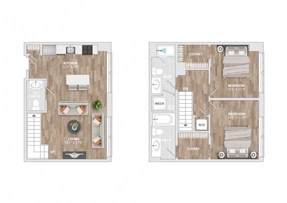 Two bed two bathroom floorplan with walk-in closet at Allied Harbor Point Apartments, Baltimore, MD 21231