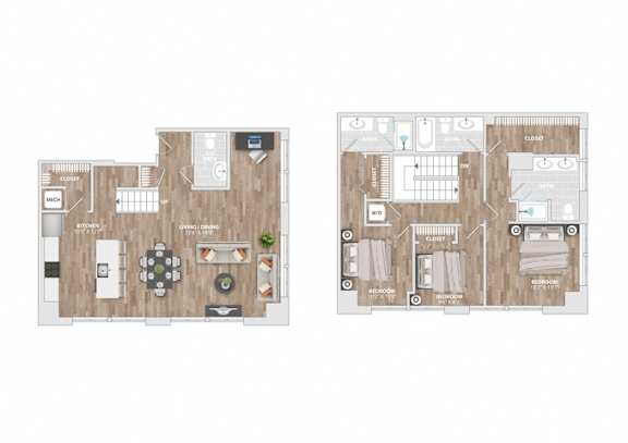 Floor Plan  Three bedroom 3 bath 3D floorplan with walk-in closet at Allied Harbor Point Apartments, Baltimore, MD 21231