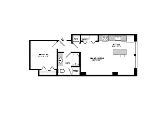 One bedroom one bath apartment floor plan at Allied Harbor Point Apartments, Baltimore, 21231