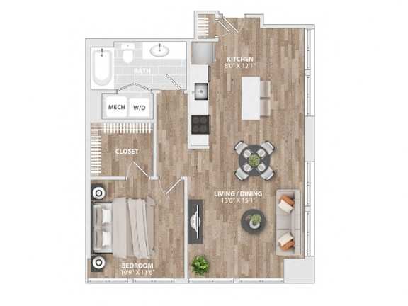 1 bed 1 bathroom floorplan with walk-in closet at Allied Harbor Point Apartments, Maryland