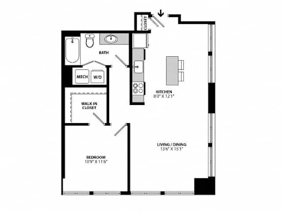 One bedroom one bath apartment floor plan at Allied Harbor Point Apartments, Baltimore, MD 21231