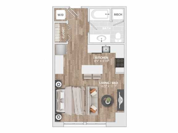 Studio 1 bath floorplan at Allied Harbor Point Apartments, Maryland, 21231
