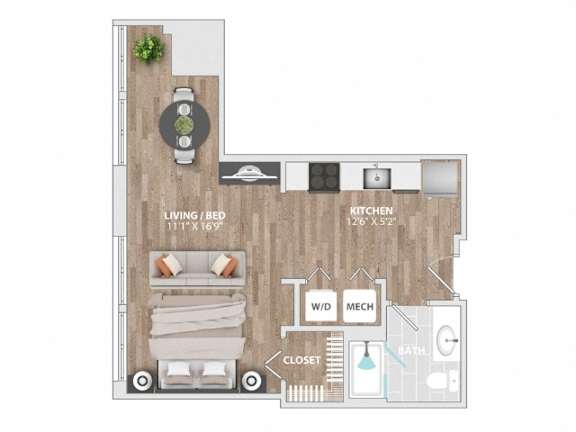 Studio 1 bath floorplan with balcony at Allied Harbor Point Apartments, Baltimore, MD 21231