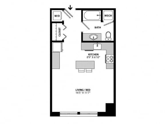 Studio apartment floor plan with kitchen and bath at Allied Harbor Point Apartments, Baltimore, MD