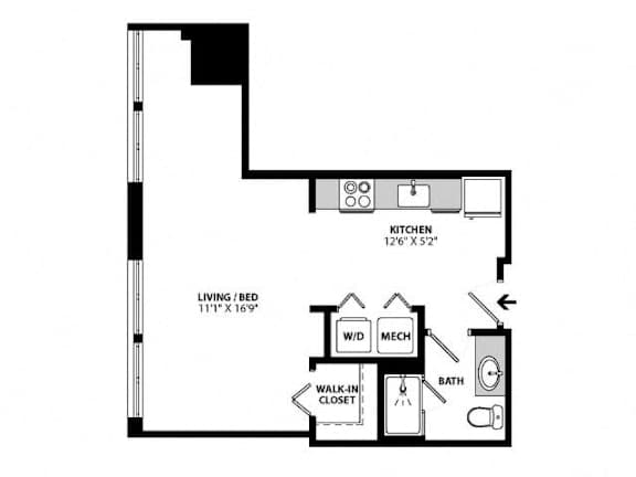 Studio apartment floorplan with walk-in closet at Allied Harbor Point Apartments, Baltimore, 21231