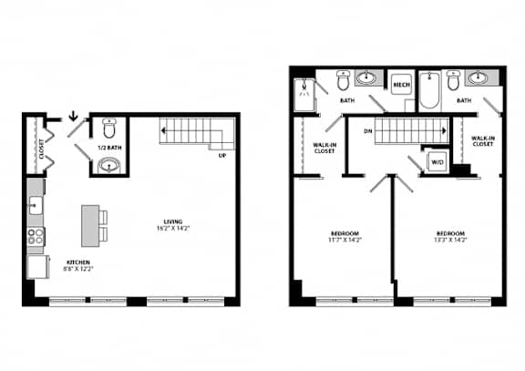 Two story townhome floorplan with walk-in closets at Allied Harbor Point Apartments, Baltimore