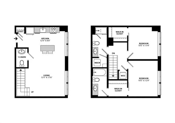Two story floor plan with dual levels at Allied Harbor Point Apartments, Maryland
