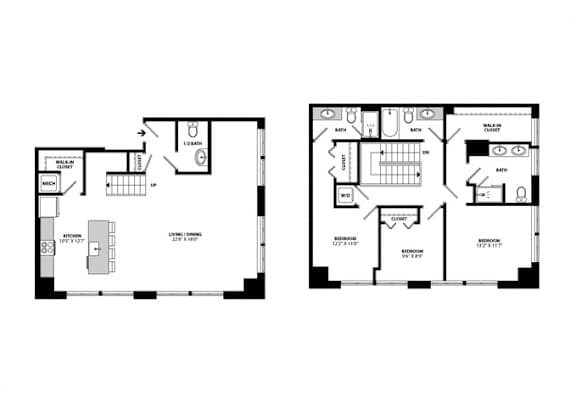 Two story apartment floorplan with dual levels at Allied Harbor Point Apartments, Baltimore