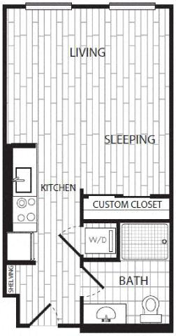 Studio one bathroom floorplan with custom closet at CODA on H Apartments, District of Columbia