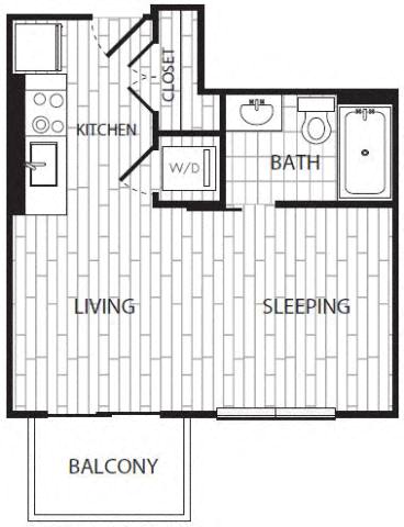 Studio 1 bath floorplan with balcony at CODA on H Apartments, Washington, 20002