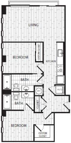 2 bedroom two bathroom floorplan at CODA on H Apartments, Washington, DC