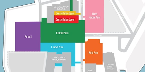 A map shows the layout of a building complex with labeled areas such as Parcel I, Central Plaza, and T. Rowe Price Headquarters.