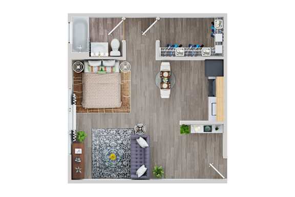 A top-down view of a small apartment with a bed, a couch, a kitchenette, and a bathroom.